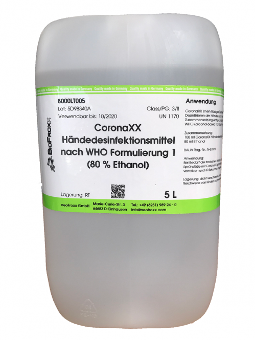 CoronaXX Händedesinfektionsmittel nach WHO Formulierung 1 (80 % Ethanol) 
